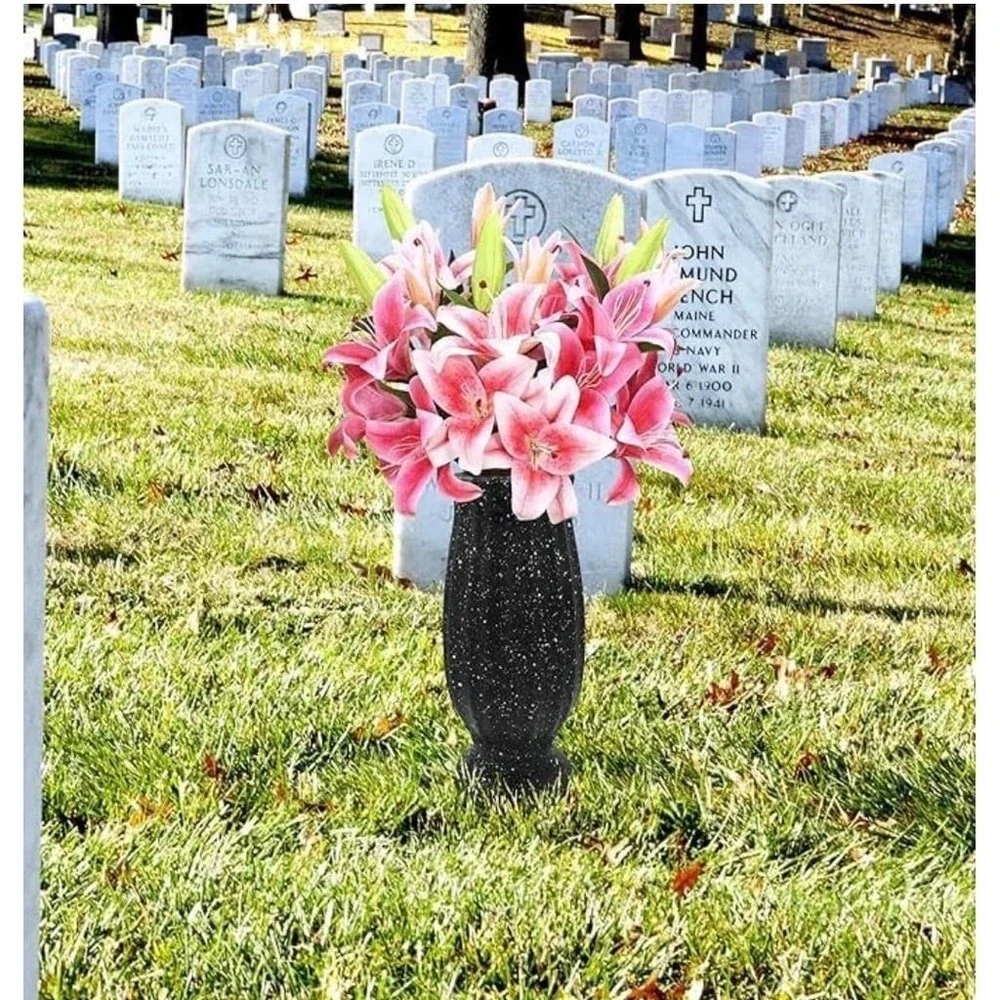 Set of 2 Black Granite Style Plastic Cemetery Vases with Metal Ground Spikes for
